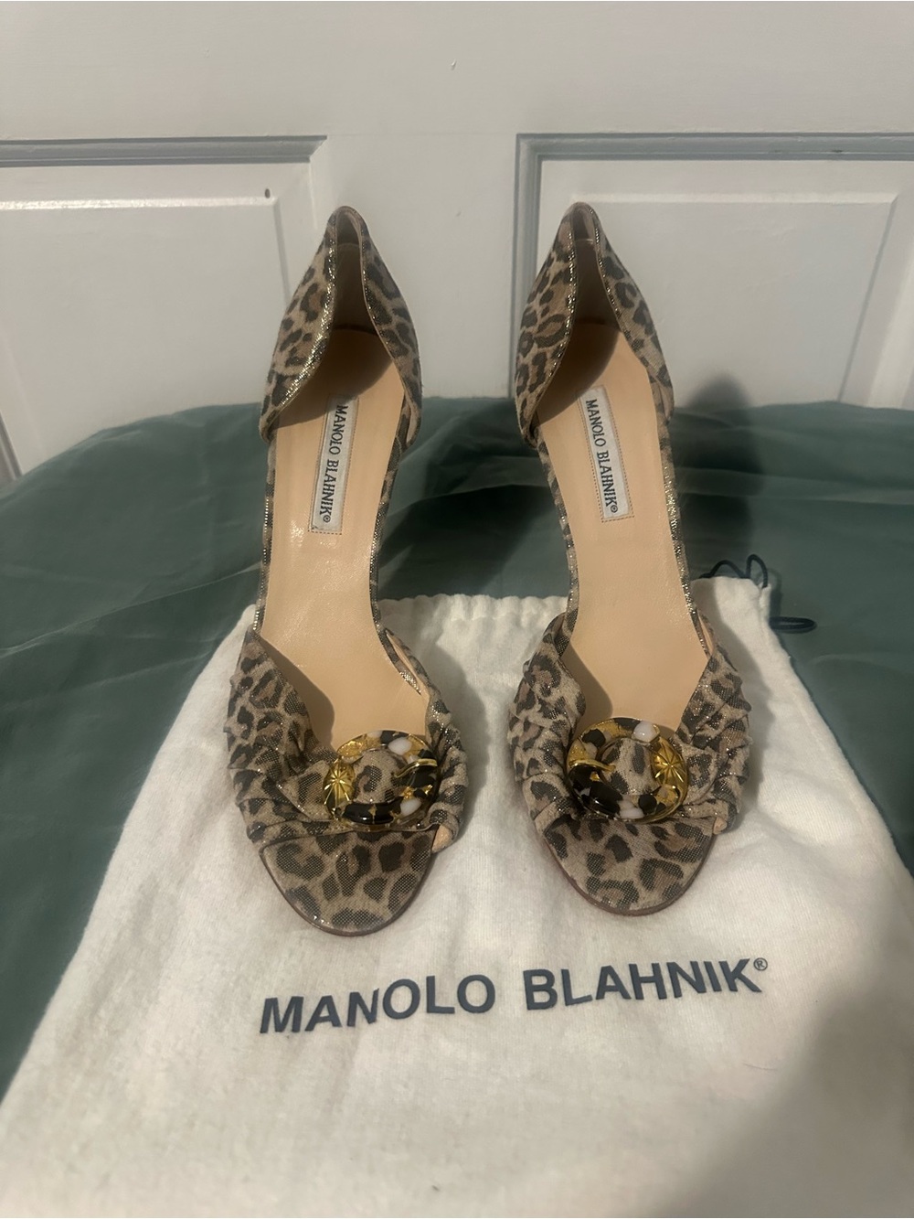 Manolo Blahnik Leopard-Print D'Orsay Heels with Gold Accent